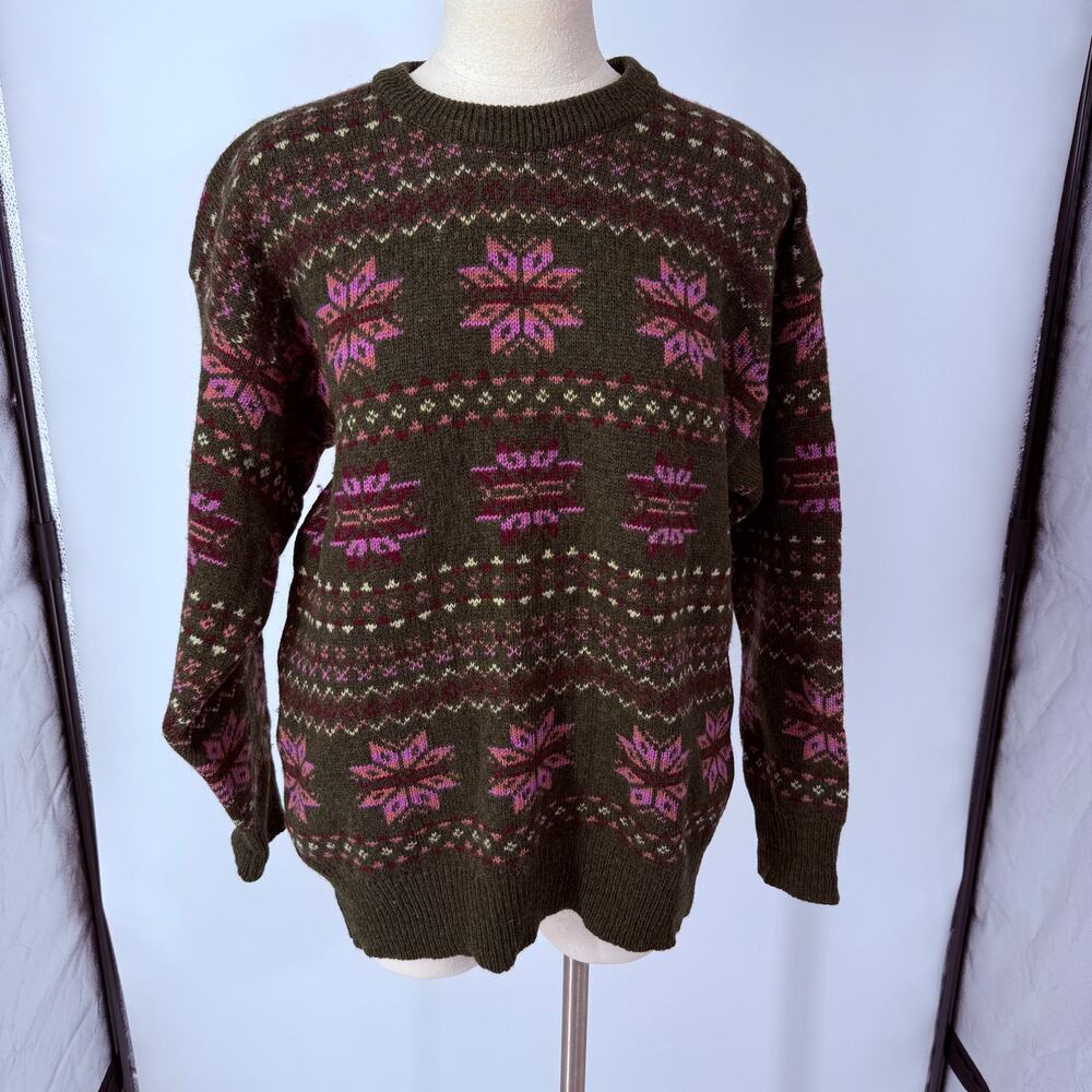 Vintage Glenhusky of Scotland Crew Neck Pull Over Sweater Fair Isle Nordic Wool